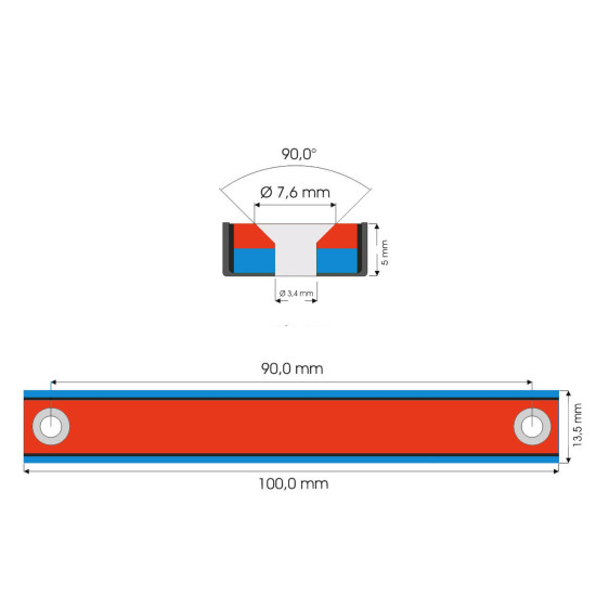 Neodímium mágnes acél házban,  100 mm x 13 mm x 5 mm, süllyesztett furattal
