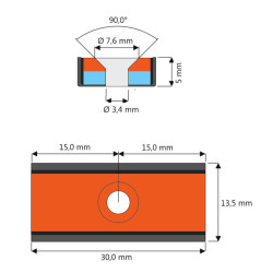 Neodímium mágnes acél házban,  30 mm x 13,5 mm x 5 mm, süllyesztett furattal / csavarral Neodímium mágnes acél házban,  30 mm x 13,5 mm x 5 mm, süllyesztett furattal / csavarral