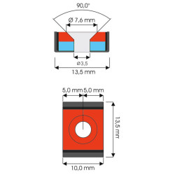  Neodímium mágnes acél házban,  10 mm x 13 mm x 5 mm, süllyesztett furattal