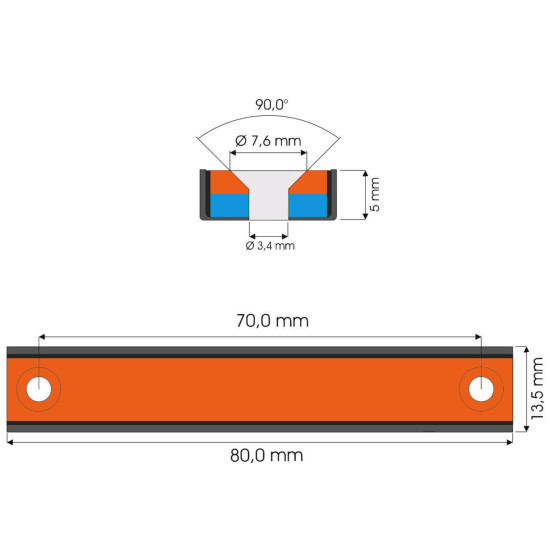 Csavarozható mágnes - Neodímium mágnes acél házban, 80 mm x 13 mm x 5 mm, süllyesztett furattal Csavarozható mágnes - Neodímium mágnes acél házban, 80 mm x 13 mm x 5 mm, süllyesztett furattal