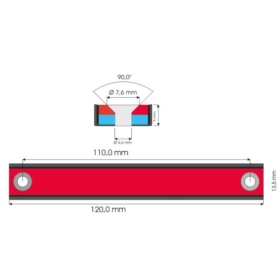 Csavarozható mágnes Neodímium mágnes acél házban,  120 mm x 13 mm x 5 mm, süllyesztett furattal